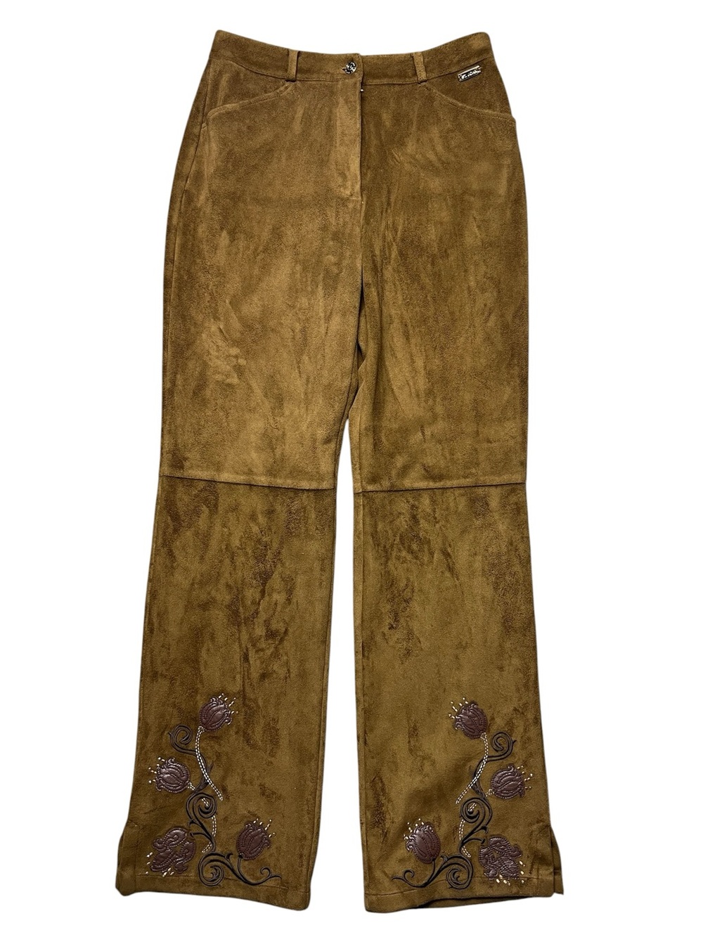 St. John Velour Wide Leg High Rise Pants Tan Brown Embroidered Size 10